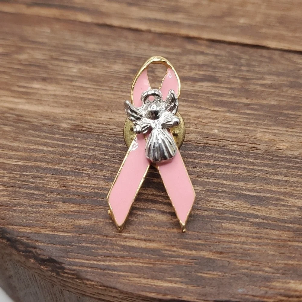 B676 guardian angel pink‎ ribbon brooch